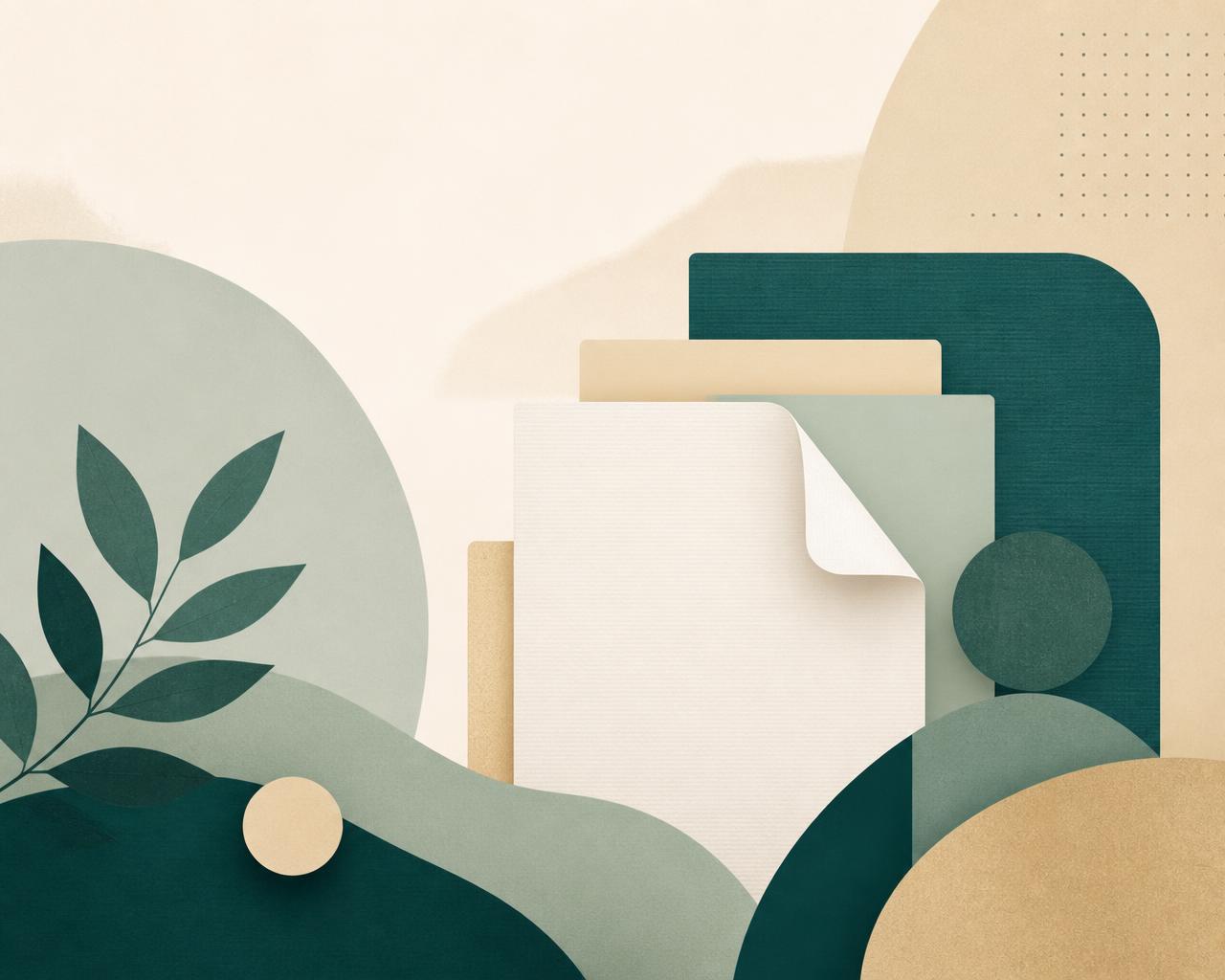 Layered documents and calm abstract shapes representing clear, organised information
